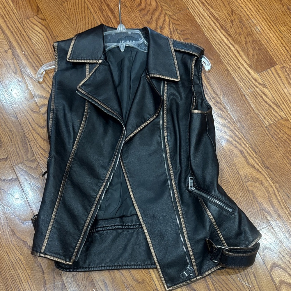 Dark brown faux Leather Vest with gold Accents